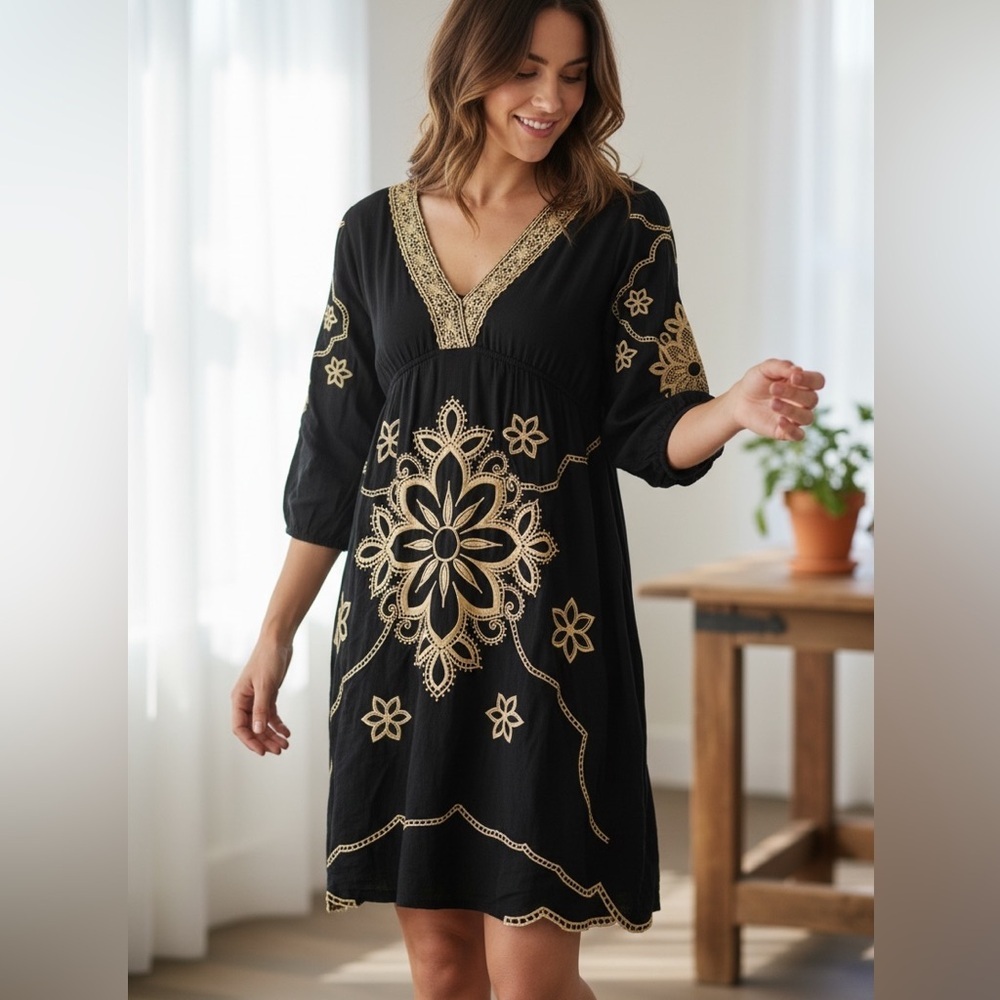 Black Dress with Gold Floral Boho Design